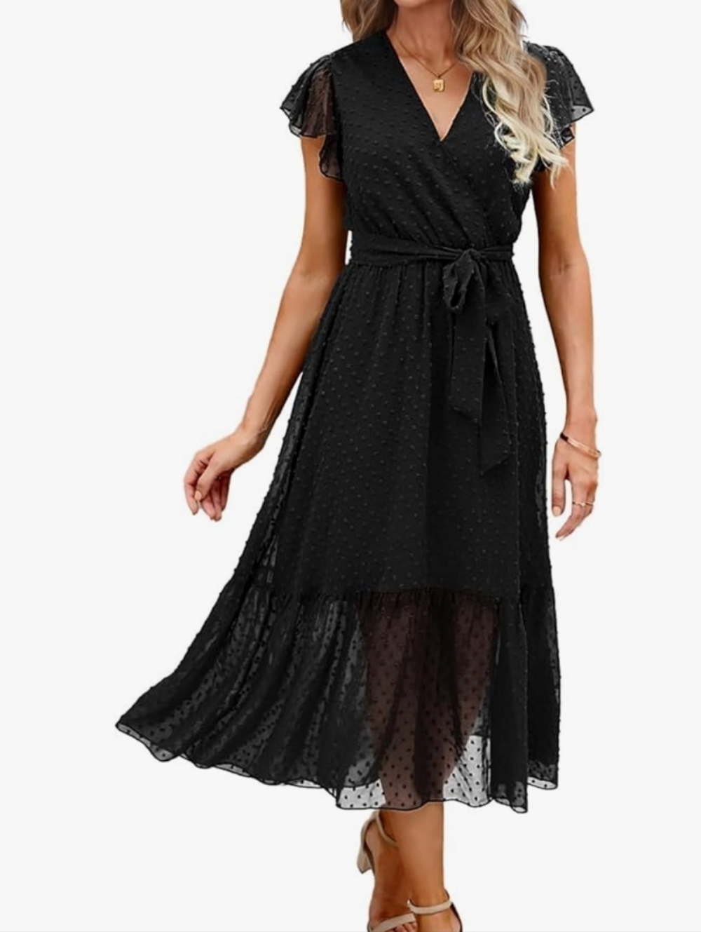 Women's Black Swiss Dot Midi Dress V-neck Belted Sheer Cap Sleeve Boho Flowy S